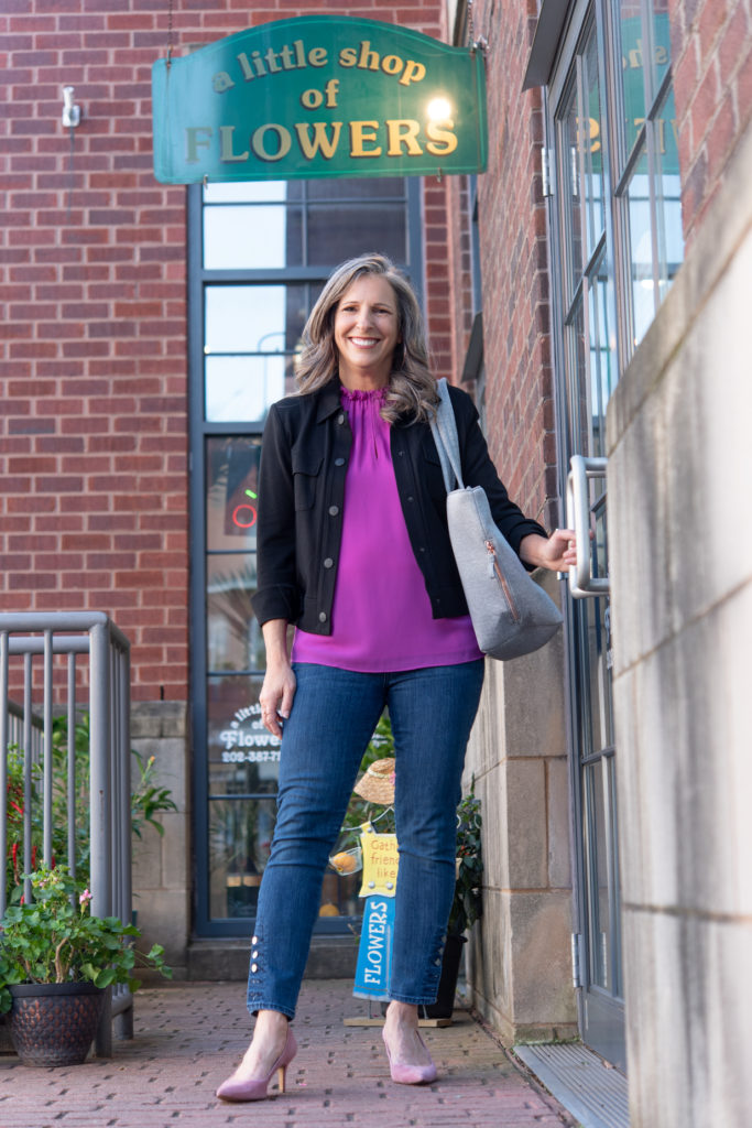 lady standing outside a flower shop - authentic branding